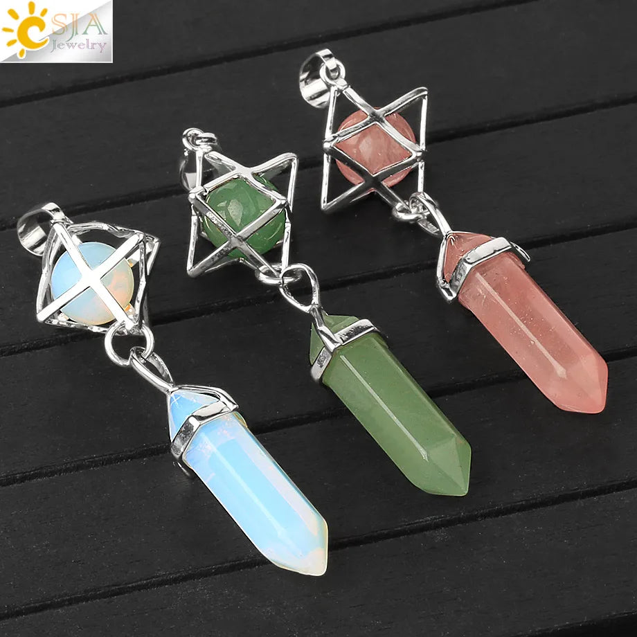 CSJA Reiki Naturstein-Anhänger Merkaba Medaillon Pendel Sechseckiges Kristallprisma Lange Anhänger für Halsketten Damenschmuck G512