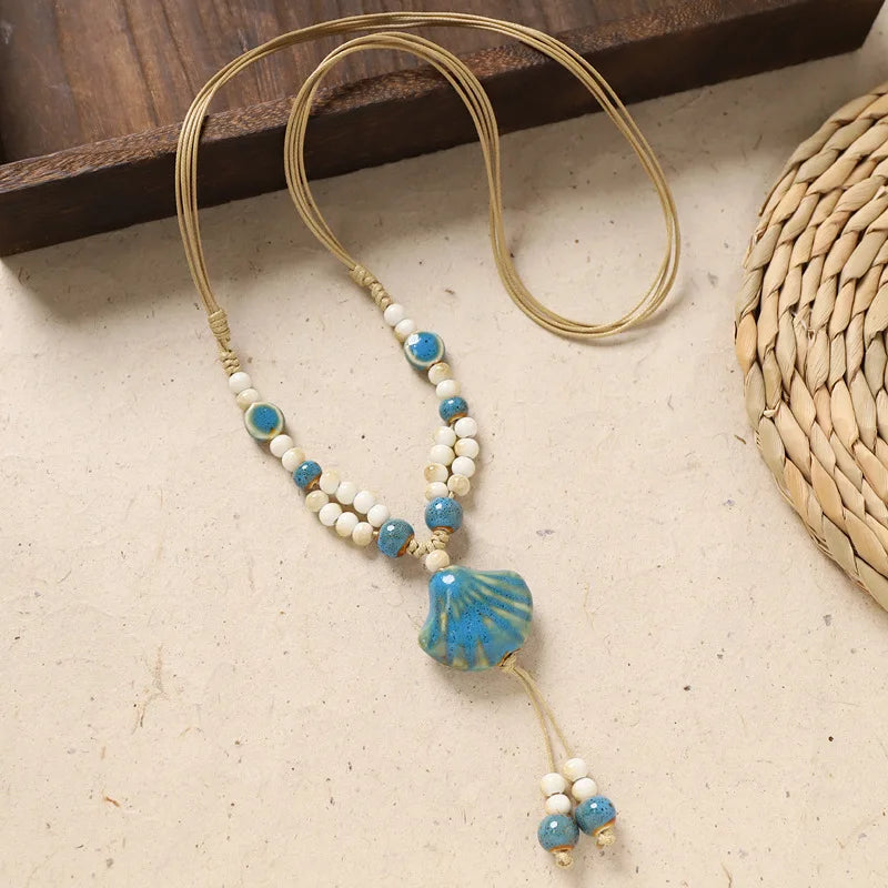 Ceramic Necklace with Colorful Beads Flower-shaped Long Sweater Chain Retro Accessory for Women