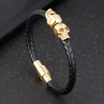 Übertreibung Männer Schmuck Schwarz Geflochtene Leder Armbänder Edelstahl Leder Armbänder Coole Schädel Armbänder Männer Armband