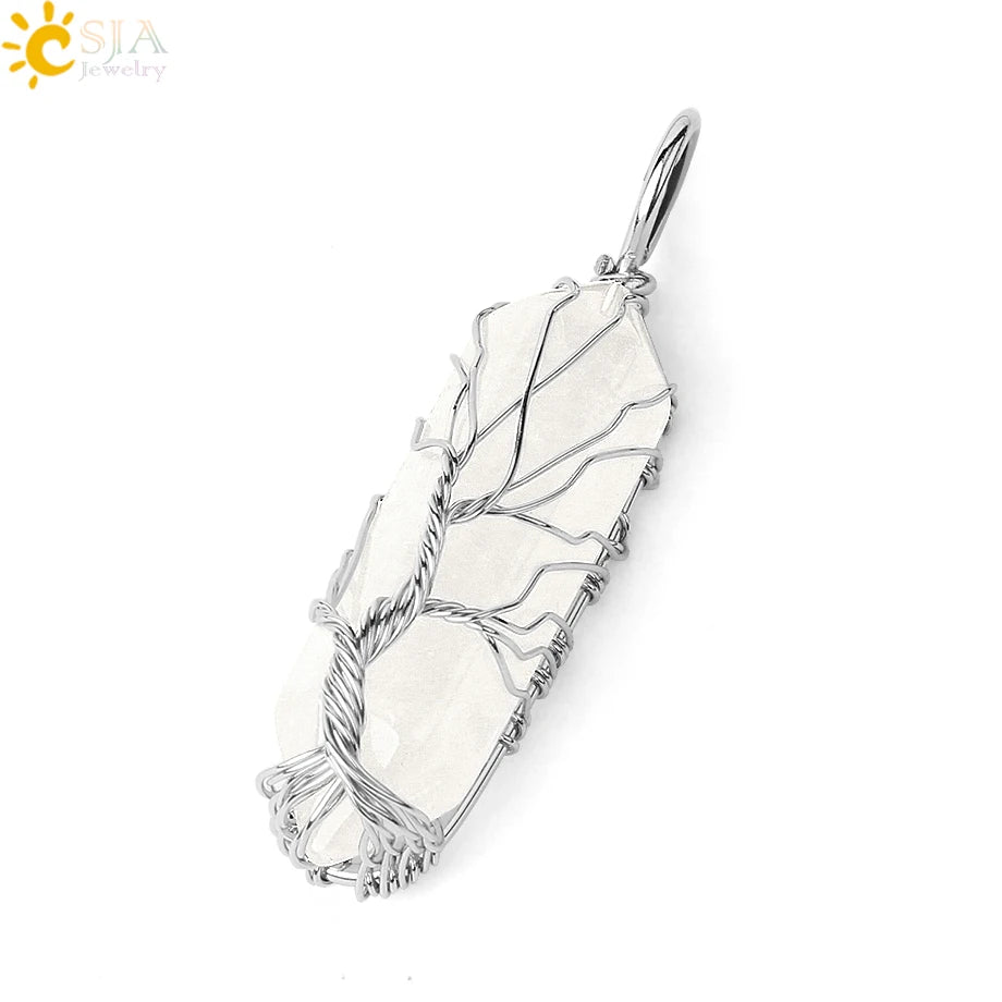 CSJA Kristalle Halskette Stein Natürlichen Kristall Anhänger Sechseckige Silber Farbe Lebensbaum Draht Wrap Frauen Männer Quarz Schmuck G551