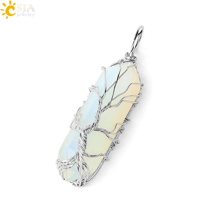 CSJA Kristalle Halskette Stein Natürlichen Kristall Anhänger Sechseckige Silber Farbe Lebensbaum Draht Wrap Frauen Männer Quarz Schmuck G551