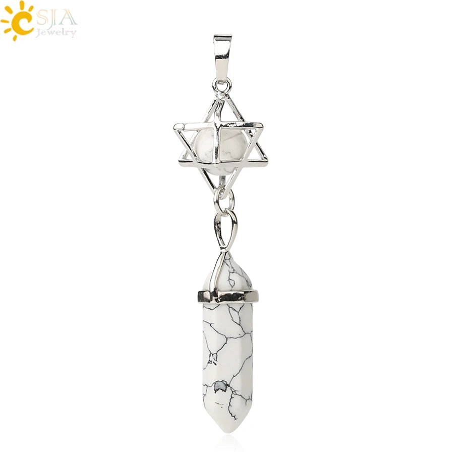 CSJA Reiki Naturstein-Anhänger Merkaba Medaillon Pendel Sechseckiges Kristallprisma Lange Anhänger für Halsketten Damenschmuck G512