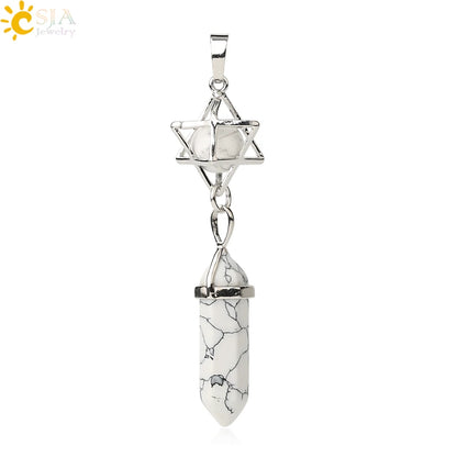 CSJA Reiki Naturstein-Anhänger Merkaba Medaillon Pendel Sechseckiges Kristallprisma Lange Anhänger für Halsketten Damenschmuck G512