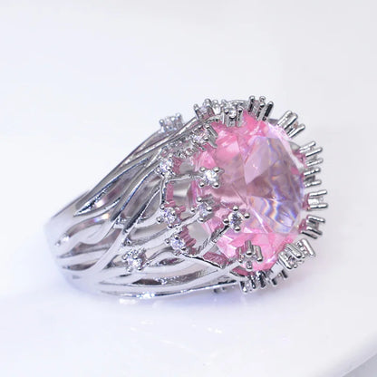 Neuer Ring aus 925er-Sterlingsilber mit eingelegtem rosa Kristallzirkon, übertriebener Ring für Frau, Hochzeit, Schmuck, Geschenk