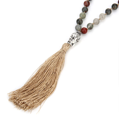 6/8mm Natürliche Blutstein 108 Mala Perlen Verknotet Halskette Meditation Yoga Tibetischen Buddha Kopf Quaste Anhänger Japa Rosenkranz schmuck