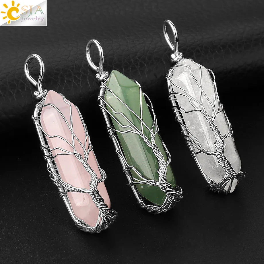 CSJA Kristalle Halskette Stein Natürlichen Kristall Anhänger Sechseckige Silber Farbe Lebensbaum Draht Wrap Frauen Männer Quarz Schmuck G551