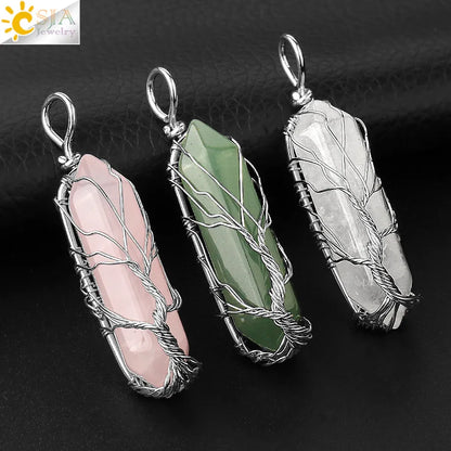 CSJA Kristalle Halskette Stein Natürlichen Kristall Anhänger Sechseckige Silber Farbe Lebensbaum Draht Wrap Frauen Männer Quarz Schmuck G551