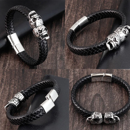 Übertreibung Männer Schmuck Schwarz Geflochtene Leder Armbänder Edelstahl Leder Armbänder Coole Schädel Armbänder Männer Armband
