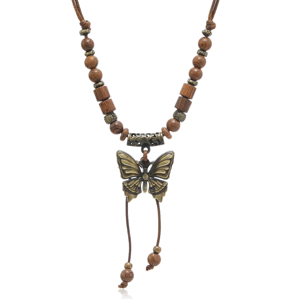 Vintage Style Double Layer Beaded Necklace with Bohemian Style Butterfly Pendant for Wedding or Party