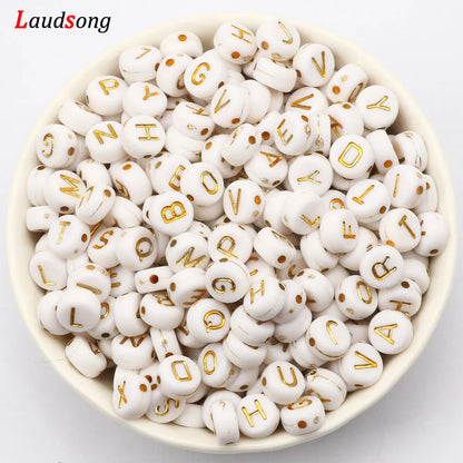 7mm Weißgold Farbe Mix Buchstaben Acryl Perlen Runde Flache Alphabet Lose Perlen Für Schmuck Handgemachte Diy Armband Halskette