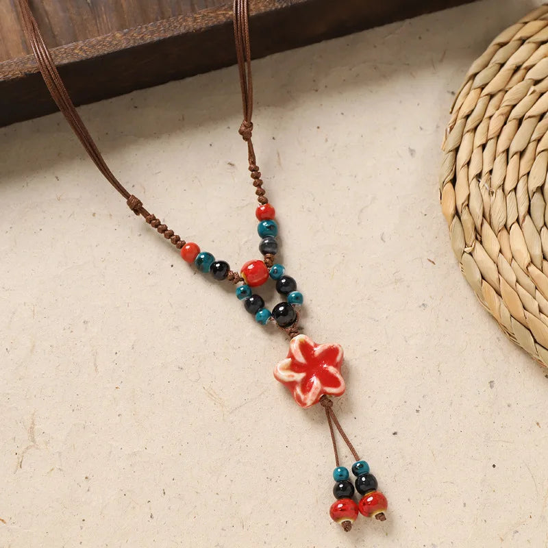 Ceramic Necklace with Colorful Beads Flower-shaped Long Sweater Chain Retro Accessory for Women