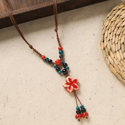 Ceramic Necklace with Colorful Beads Flower-shaped Long Sweater Chain Retro Accessory for Women