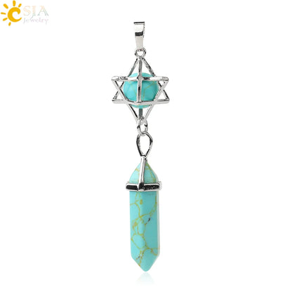 CSJA Reiki Naturstein-Anhänger Merkaba Medaillon Pendel Sechseckiges Kristallprisma Lange Anhänger für Halsketten Damenschmuck G512