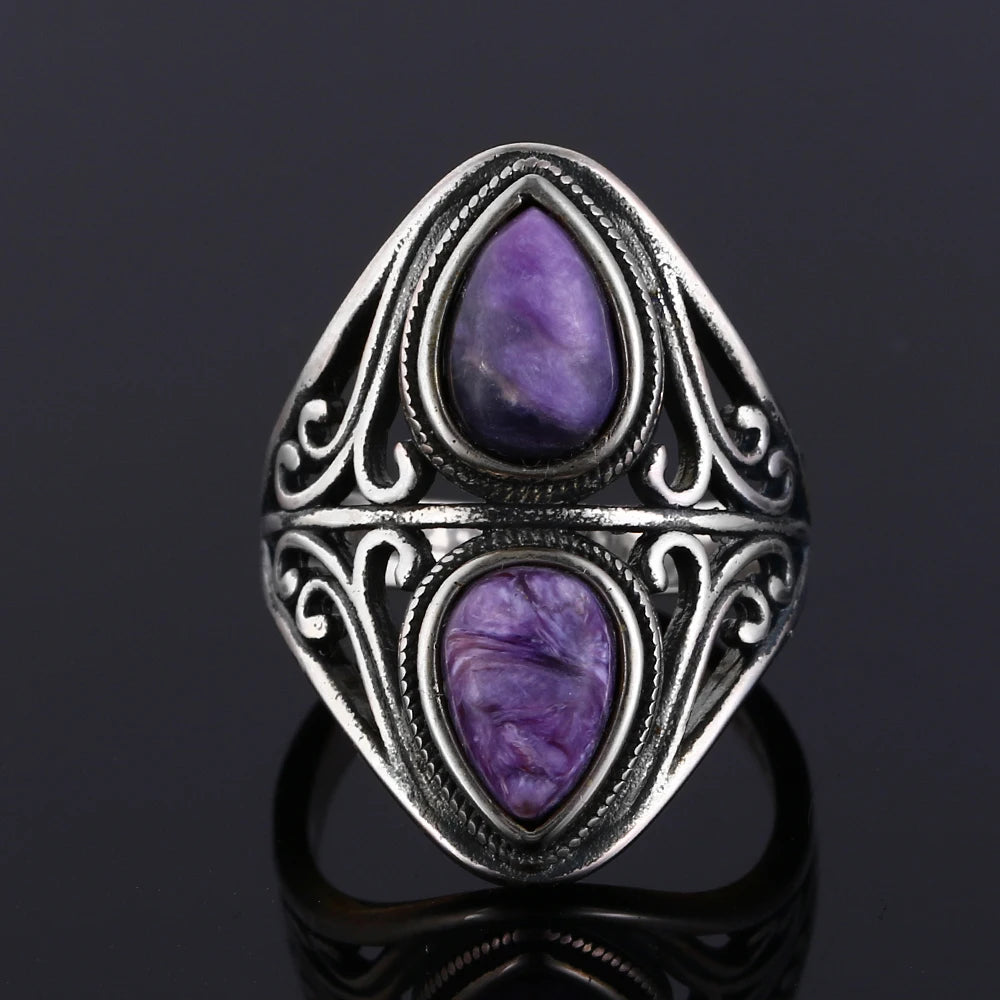 Charms 6x9MM Natürliche Charoite Perlen Ringe frauen S925 Silber Schmuck Vintage Ring Jahrestag Party Geschenke für Frauen