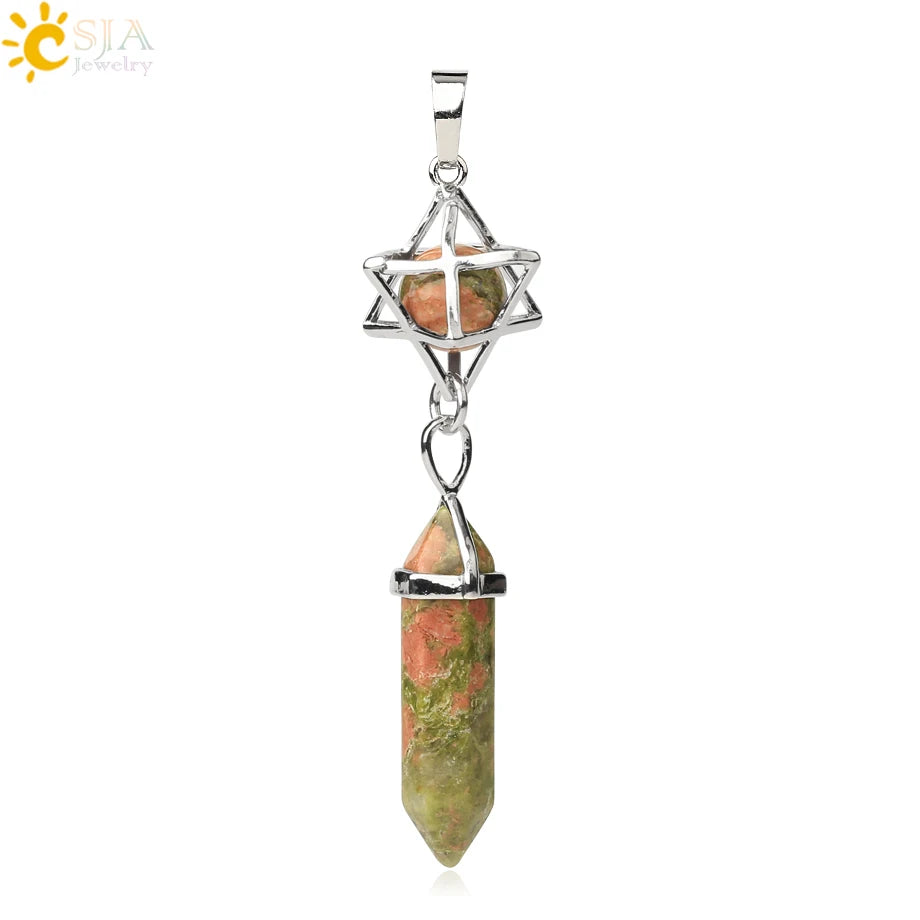 CSJA Reiki Naturstein-Anhänger Merkaba Medaillon Pendel Sechseckiges Kristallprisma Lange Anhänger für Halsketten Damenschmuck G512