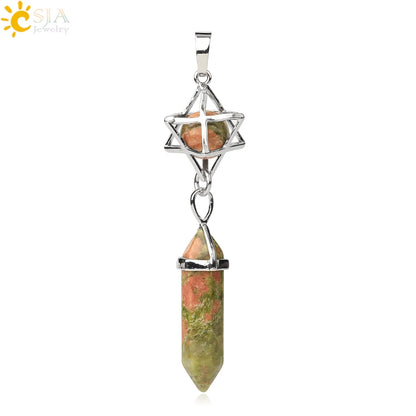 CSJA Reiki Naturstein-Anhänger Merkaba Medaillon Pendel Sechseckiges Kristallprisma Lange Anhänger für Halsketten Damenschmuck G512