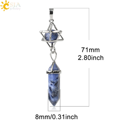 CSJA Reiki Naturstein-Anhänger Merkaba Medaillon Pendel Sechseckiges Kristallprisma Lange Anhänger für Halsketten Damenschmuck G512