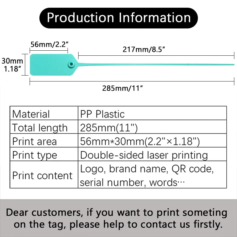 Einweg-Sicherheits dichtungen aus Kunststoff, Kabelbinder etikett für Kleidungs stücke für Logistik behälter, 285mm, 11 ", kunden spezifisch, Stück