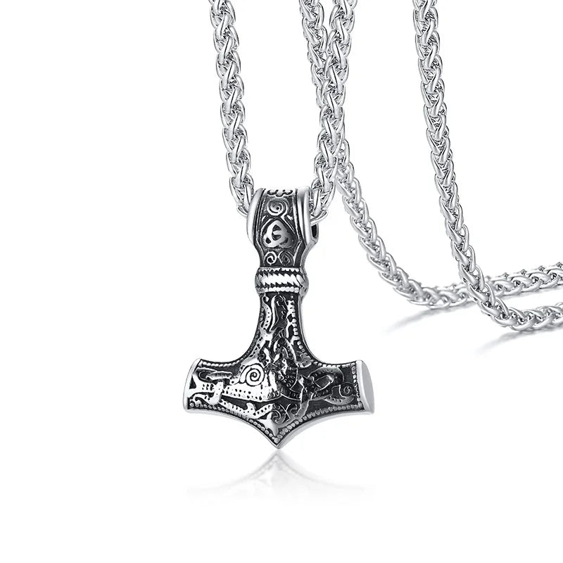 Vnox Vintage Herren nordische Wikinger-Halsketten, Rock Punk Retro Thor Mjolnir Hammer Anhänger, skandinavisches nordisches Amulett Runen-Halsschmuck