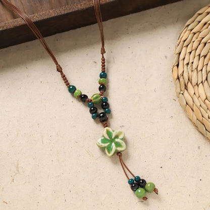 Ceramic Necklace with Colorful Beads Flower-shaped Long Sweater Chain Retro Accessory for Women