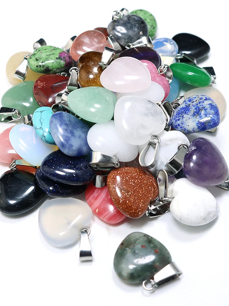 12 Stück Naturstein Quarz Rosenkristall Türkis Opal Herz Anhänger 16mm DIY Schmuckherstellung Halskette Zubehör Charms Handwerk