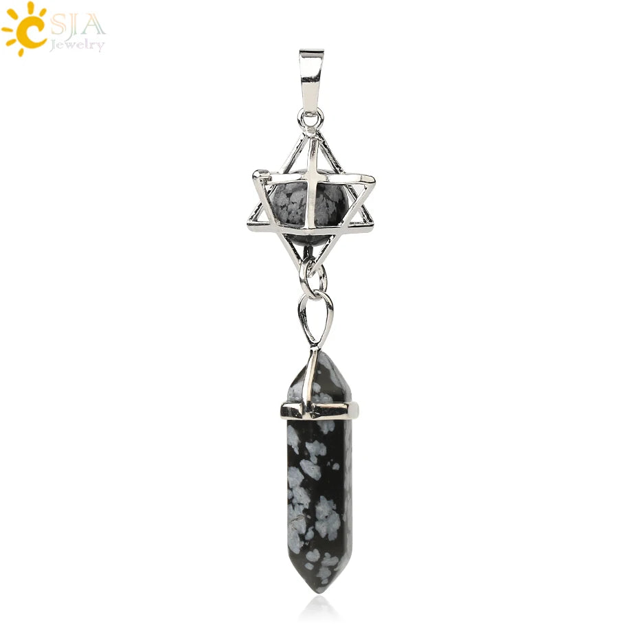 CSJA Reiki Naturstein-Anhänger Merkaba Medaillon Pendel Sechseckiges Kristallprisma Lange Anhänger für Halsketten Damenschmuck G512