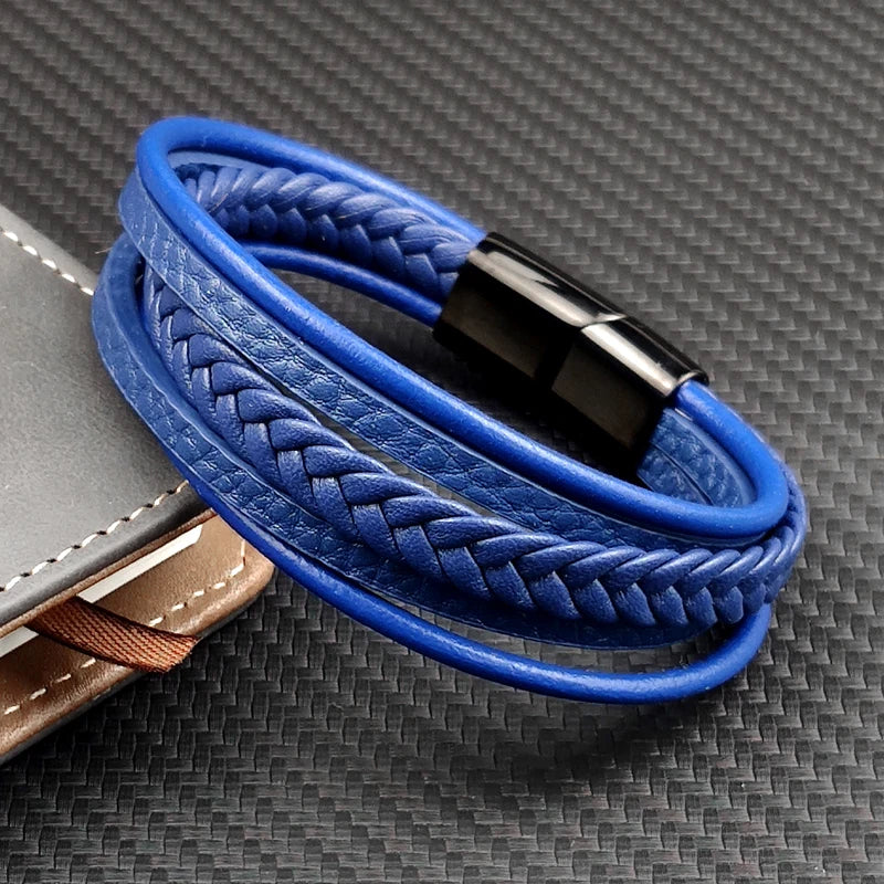 MingAo New Titanium Steel Blue Punk Braided Leather Bracelet For Men Black Magnet Clasp Bangle The Best Gift for Vintage Jewelry