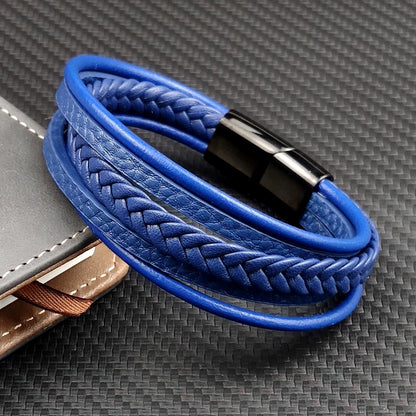 MingAo New Titanium Steel Blue Punk Braided Leather Bracelet For Men Black Magnet Clasp Bangle The Best Gift for Vintage Jewelry