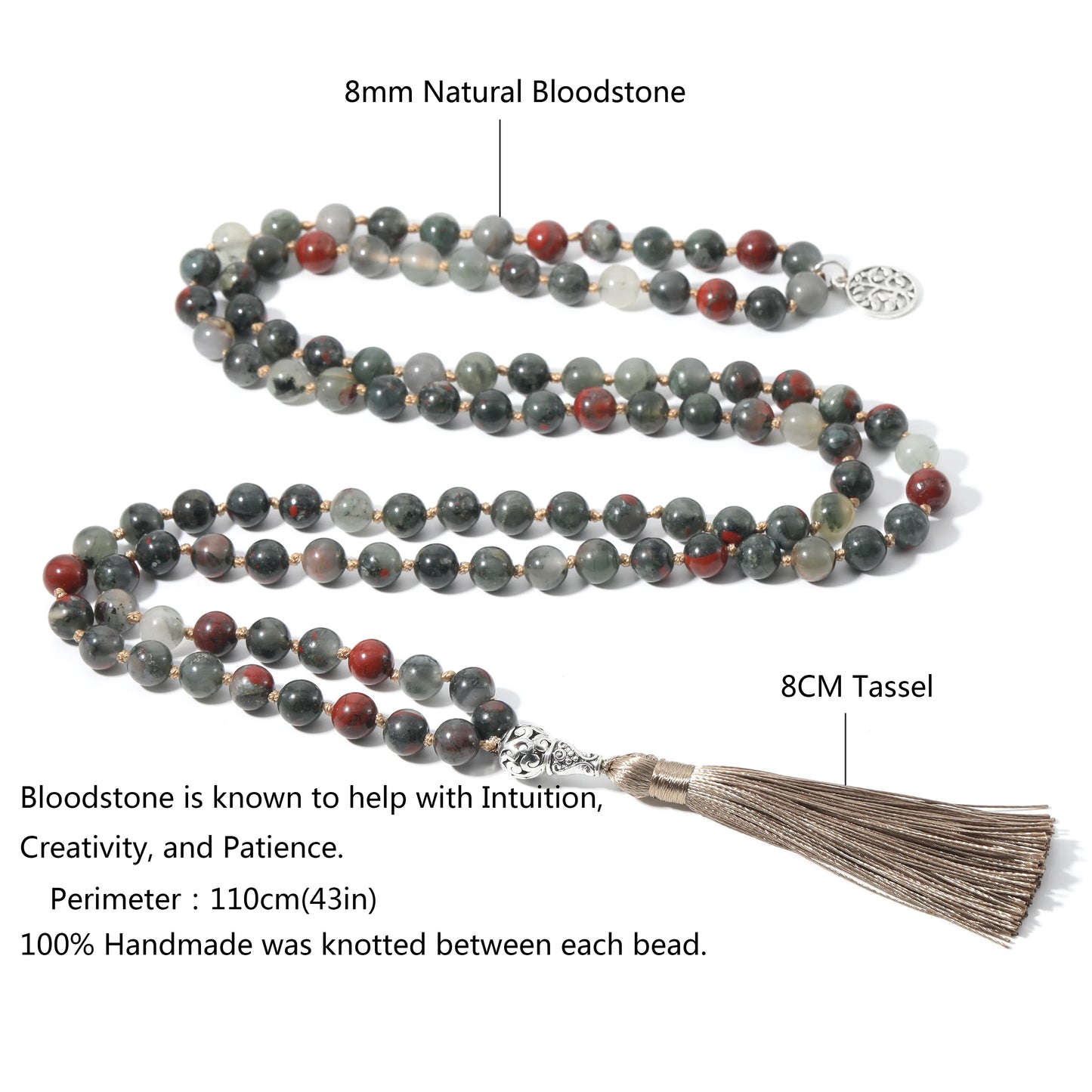 8 mm Blutstein geknotete 108 Mala Perlen Halskette Meditation Yoga Japamala Schmuck für Männer und Frauen
