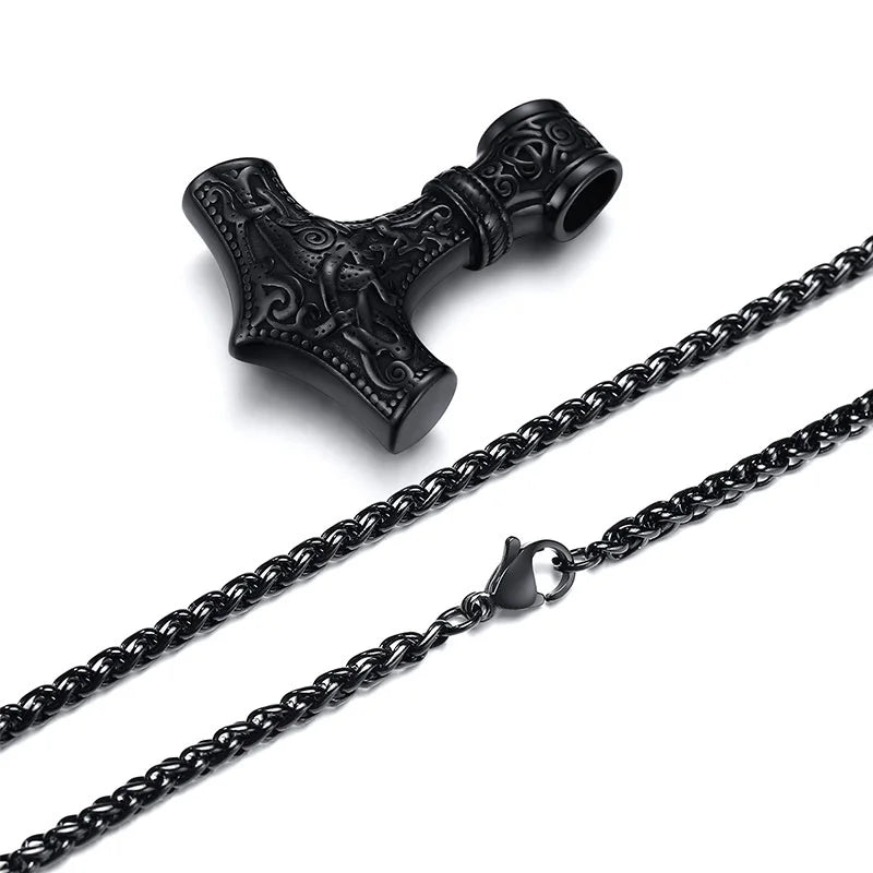 Vnox Vintage Herren nordische Wikinger-Halsketten, Rock Punk Retro Thor Mjolnir Hammer Anhänger, skandinavisches nordisches Amulett Runen-Halsschmuck