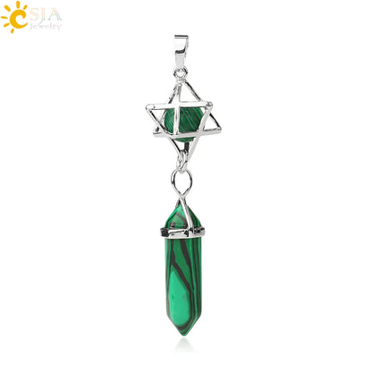 CSJA Reiki Naturstein-Anhänger Merkaba Medaillon Pendel Sechseckiges Kristallprisma Lange Anhänger für Halsketten Damenschmuck G512