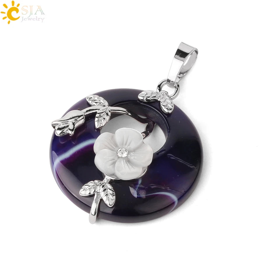 Natursteine Anhänger für Halskette Runde Blume Blatt Amethyste Rosenquarz Schwarzer Onyx Kristall Donut Reiki Schmuck G384