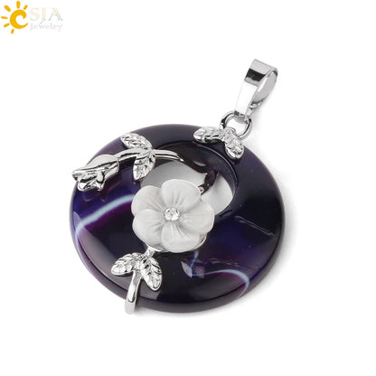 Natursteine Anhänger für Halskette Runde Blume Blatt Amethyste Rosenquarz Schwarzer Onyx Kristall Donut Reiki Schmuck G384