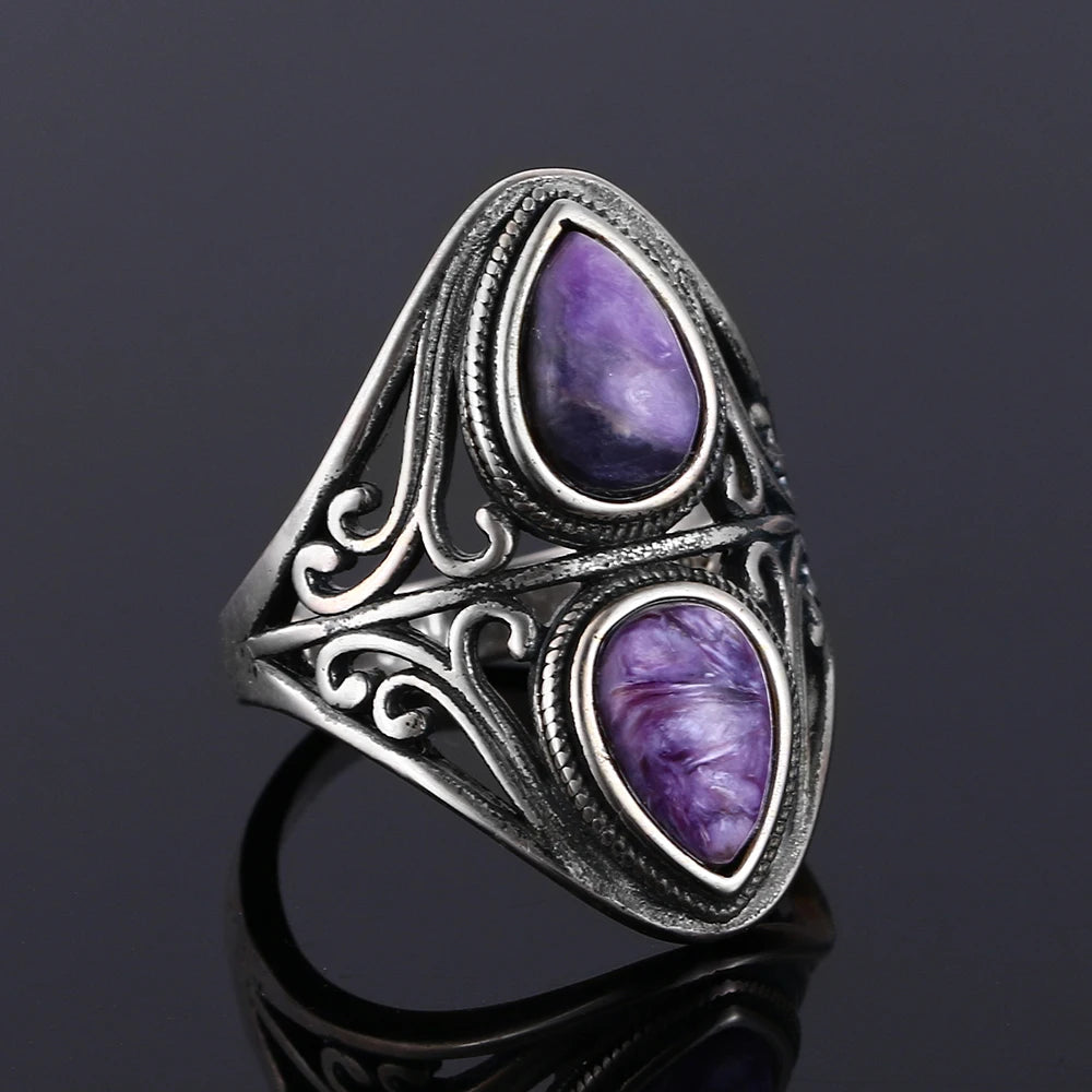 Charms 6x9MM Natürliche Charoite Perlen Ringe frauen S925 Silber Schmuck Vintage Ring Jahrestag Party Geschenke für Frauen