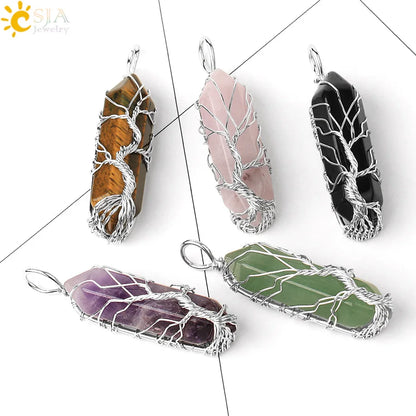 CSJA Kristalle Halskette Stein Natürlichen Kristall Anhänger Sechseckige Silber Farbe Lebensbaum Draht Wrap Frauen Männer Quarz Schmuck G551