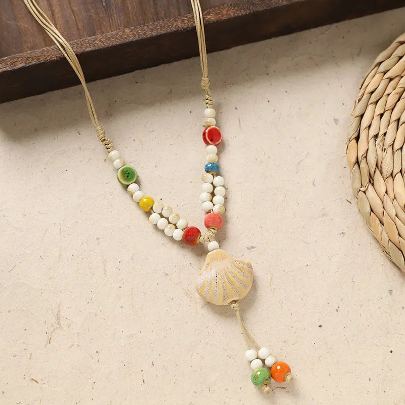 Ceramic Necklace with Colorful Beads Flower-shaped Long Sweater Chain Retro Accessory for Women