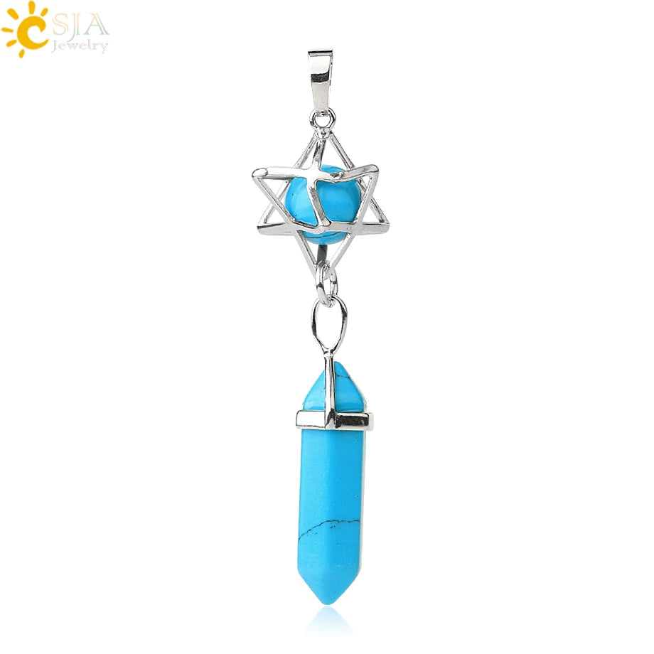 CSJA Reiki Naturstein-Anhänger Merkaba Medaillon Pendel Sechseckiges Kristallprisma Lange Anhänger für Halsketten Damenschmuck G512