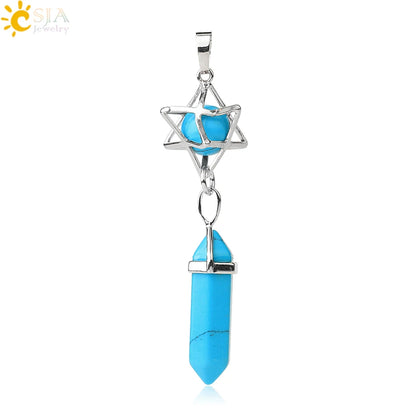 CSJA Reiki Naturstein-Anhänger Merkaba Medaillon Pendel Sechseckiges Kristallprisma Lange Anhänger für Halsketten Damenschmuck G512