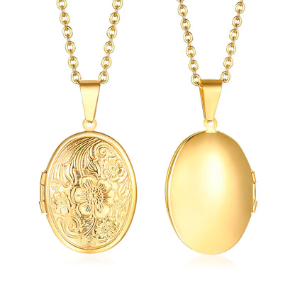 Zarte florale ovale Herz-Medaillon-Anhänger-Halsketten für Frauen, Edelstahl-Fotorahmen, Versprechen, Liebe, Andenken, Geschenk