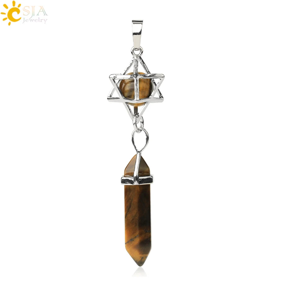 CSJA Reiki Naturstein-Anhänger Merkaba Medaillon Pendel Sechseckiges Kristallprisma Lange Anhänger für Halsketten Damenschmuck G512