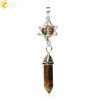 CSJA Reiki Naturstein-Anhänger Merkaba Medaillon Pendel Sechseckiges Kristallprisma Lange Anhänger für Halsketten Damenschmuck G512
