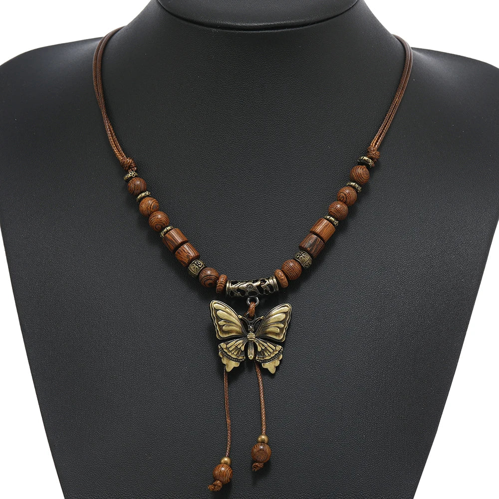 Vintage Style Double Layer Beaded Necklace with Bohemian Style Butterfly Pendant for Wedding or Party