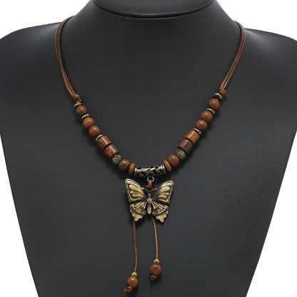 Vintage Style Double Layer Beaded Necklace with Bohemian Style Butterfly Pendant for Wedding or Party