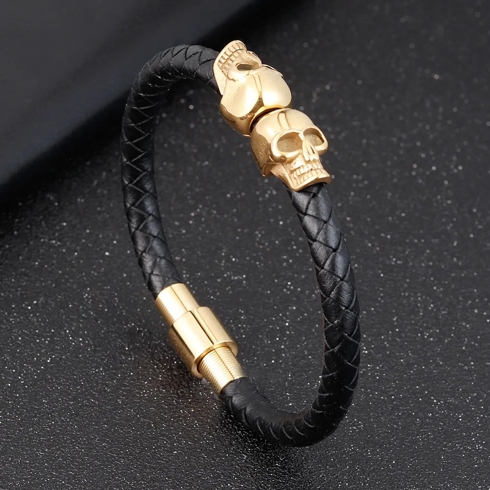 Übertreibung Männer Schmuck Schwarz Geflochtene Leder Armbänder Edelstahl Leder Armbänder Coole Schädel Armbänder Männer Armband