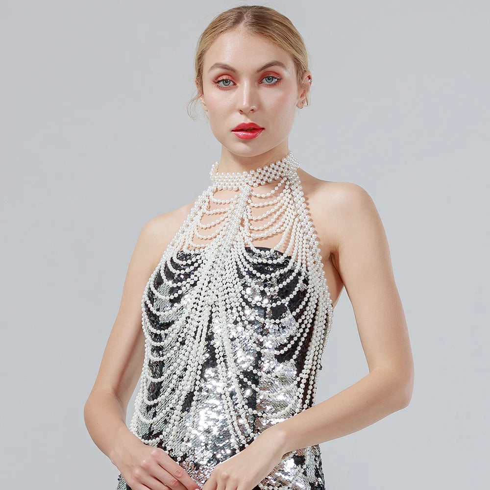 Sexy Frauen Perle Schal Halsketten Kragen Schulter Lange Kette Anhänger Halsketten Pullover Kette Hochzeit Kleid Schmuck Zubehör