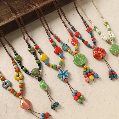 Ceramic Necklace with Colorful Beads Flower-shaped Long Sweater Chain Retro Accessory for Women