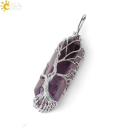 CSJA Kristalle Halskette Stein Natürlichen Kristall Anhänger Sechseckige Silber Farbe Lebensbaum Draht Wrap Frauen Männer Quarz Schmuck G551