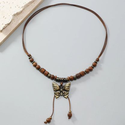 Vintage Style Double Layer Beaded Necklace with Bohemian Style Butterfly Pendant for Wedding or Party
