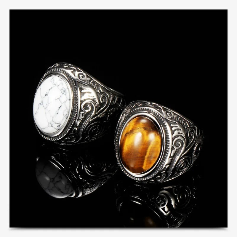HNSP 316L Edelstahl Boho Naturstein Ring Für Männer Frauen Vintage-Schmuck Tigeraugen Ringe Finger Zubehör