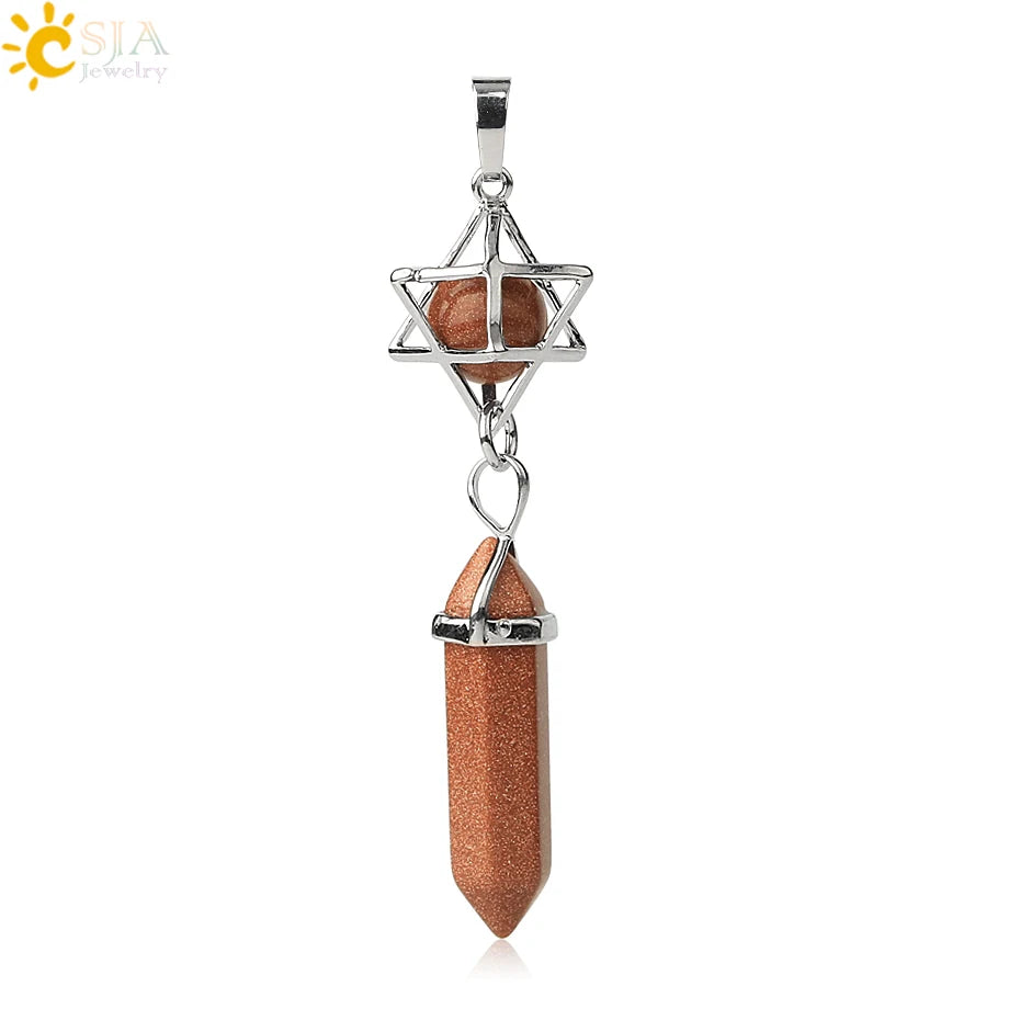 CSJA Reiki Naturstein-Anhänger Merkaba Medaillon Pendel Sechseckiges Kristallprisma Lange Anhänger für Halsketten Damenschmuck G512